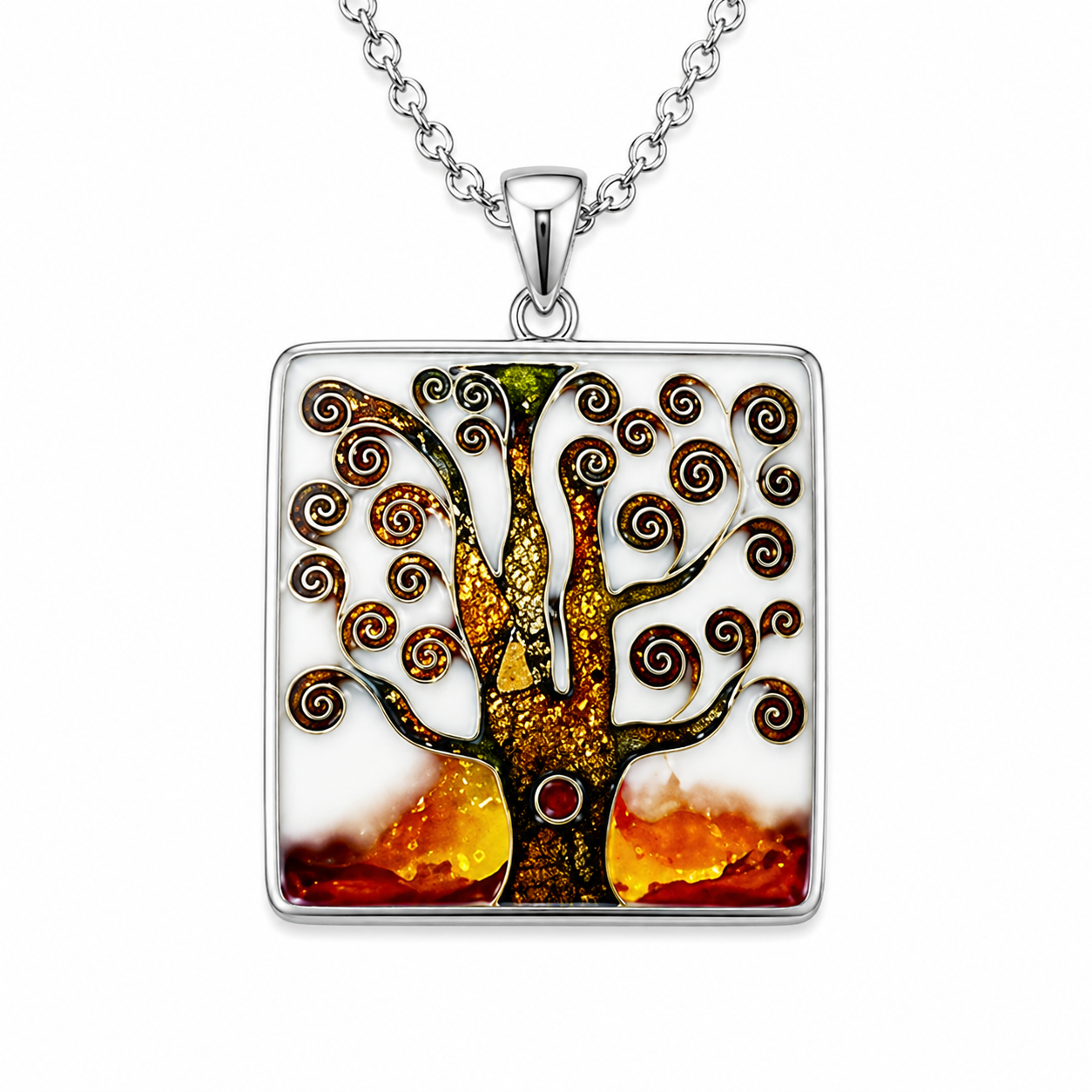 "Golden Tree of Life" Sterling Silver Cloisonné Enamel Pendant Necklace