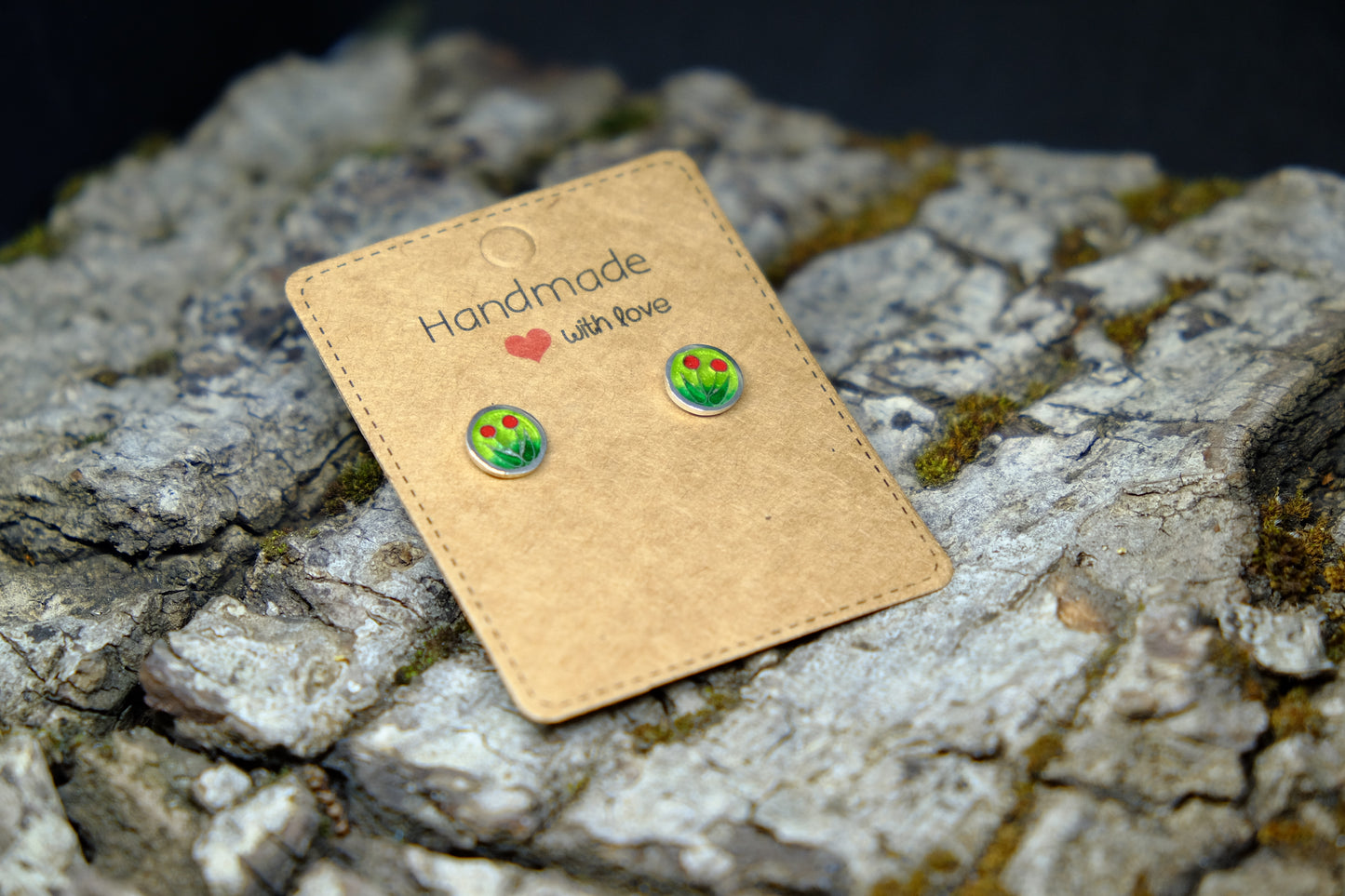 Сherries - Silver Handmade Stud Earrings with Cloisonné Enamel
