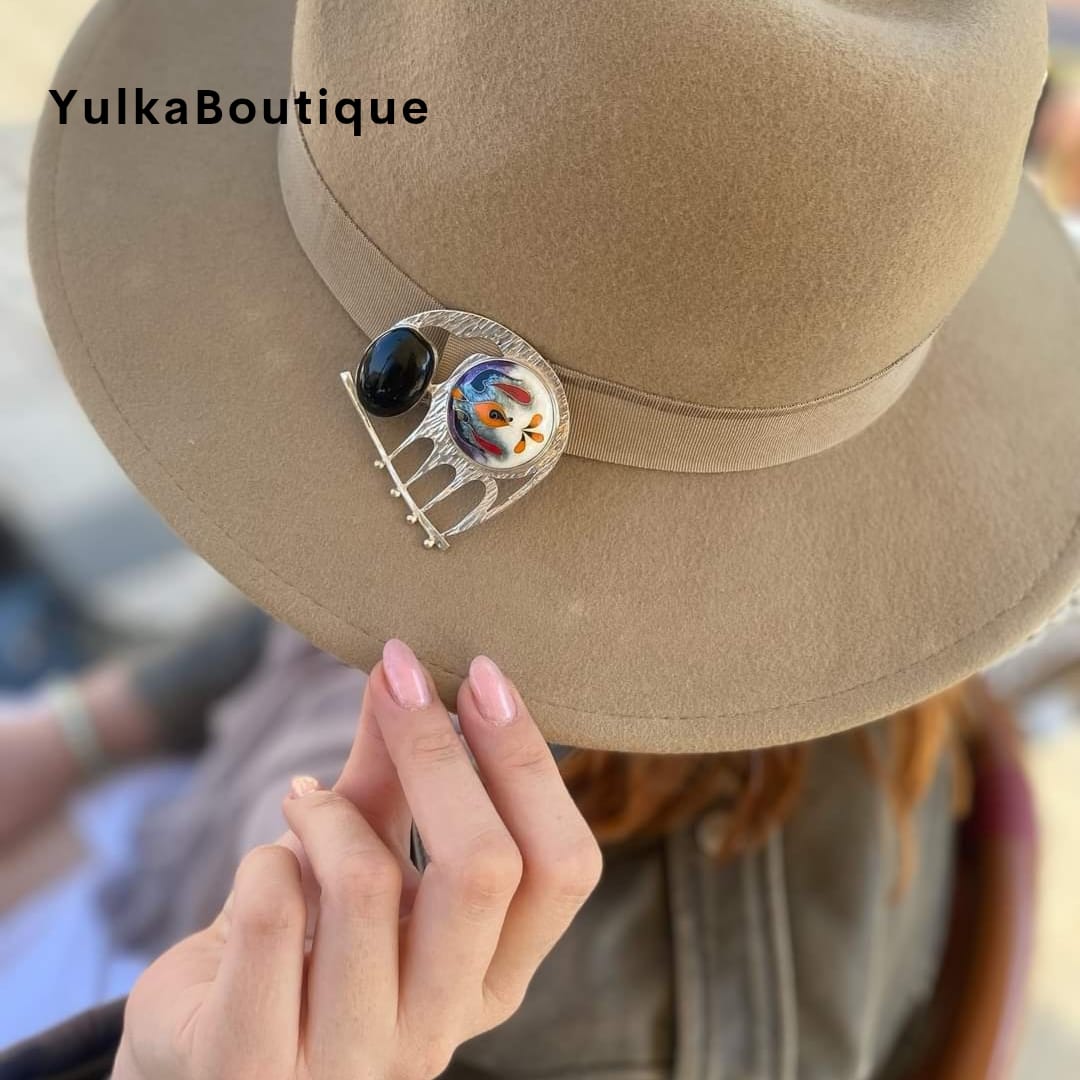 Black Sheep - Massive Handmade Silver Pendant-Brooch with Obsidian Stone and Cloisonné Enamel