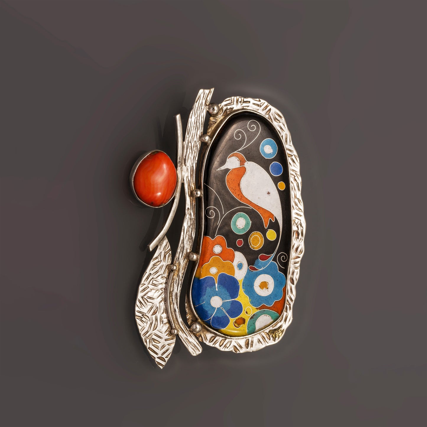 Silver Garden - Massive Handmade Silver Pendant-Brooch with Coral Stone and Cloisonné Enamel