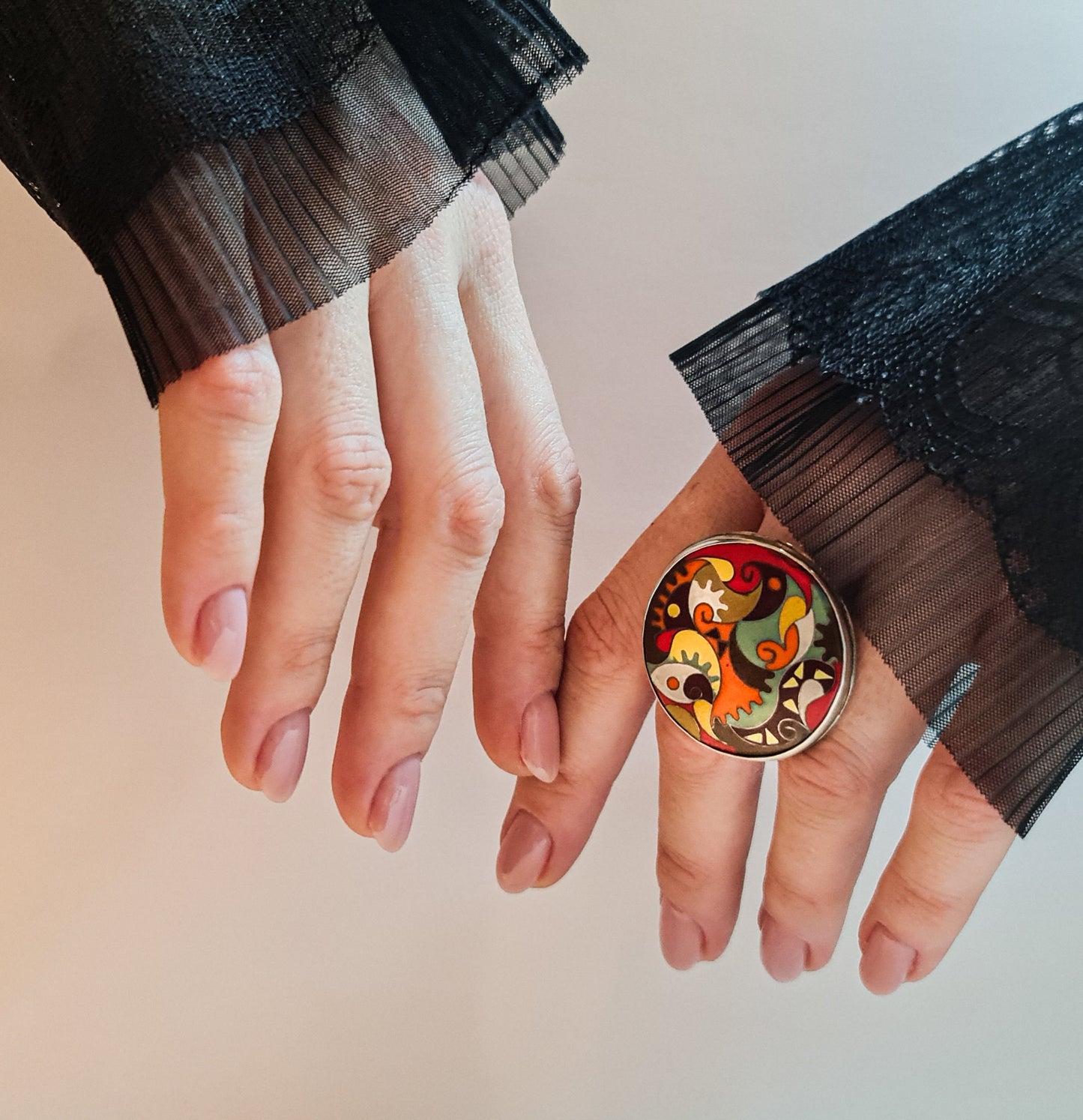 Artist's Dream (Dark Version with Green) - Silver Handmade Ring with Cloisonné Enamel