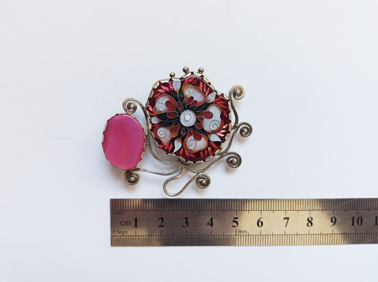 Enigmatic Pink - Massive Handmade Silver Pendant-Brooch with Cloisonné Enamel and Natural Agate
