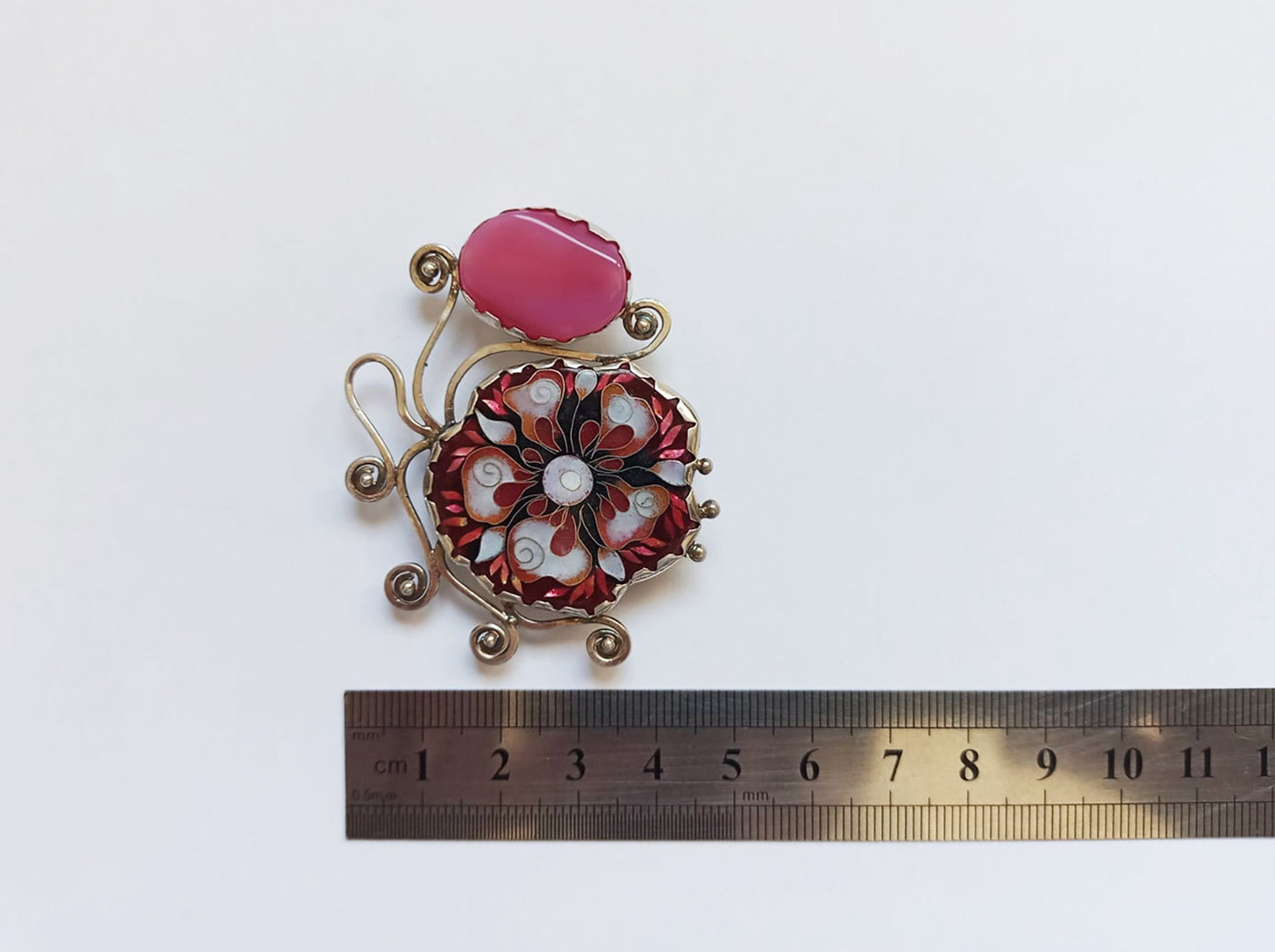 Enigmatic Pink - Massive Handmade Silver Pendant-Brooch with Cloisonné Enamel and Natural Agate