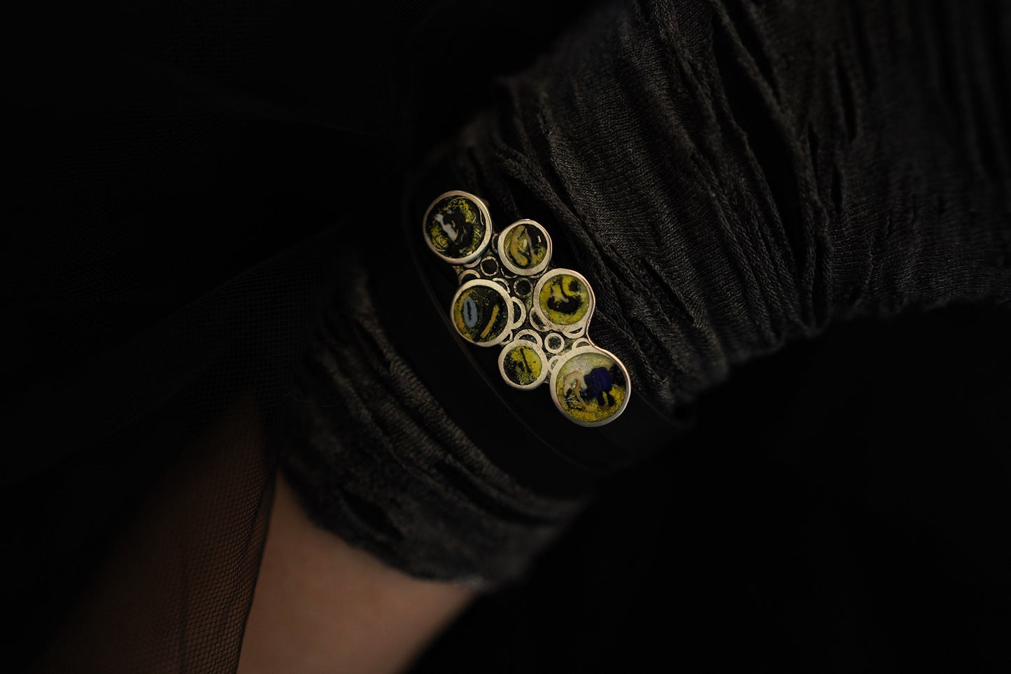 The Life on the Moon - Handmade Silver Bracelet with Cloisonné Enamel and Silicone Band