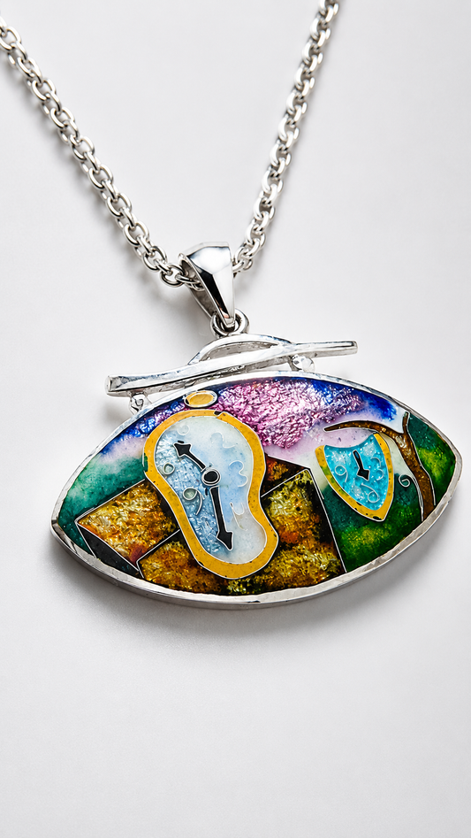 "Dreamscape Clocks" Sterling Silver Cloisonné Enamel Pendant Necklace