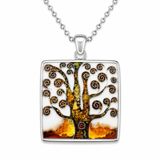 "Golden Tree of Life" Sterling Silver Cloisonné Enamel Pendant Necklace