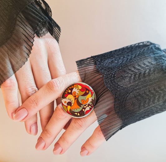 Artist's Dream (Dark Version with Green) - Silver Handmade Ring with Cloisonné Enamel