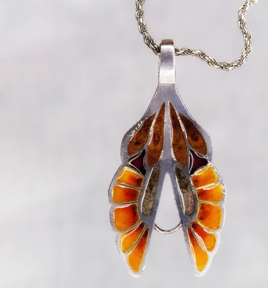Amber flower - Handmade Silver Pendant with Cloisonné Enamel