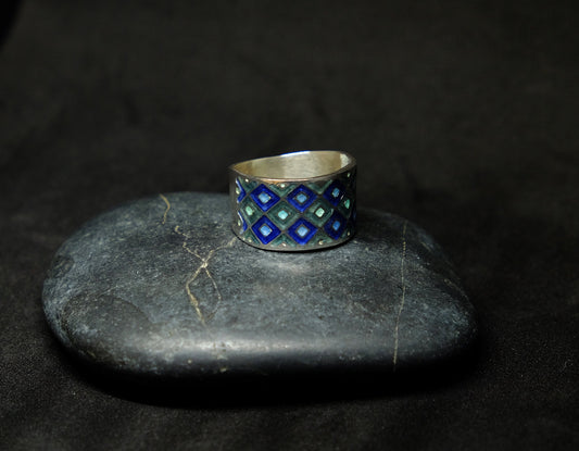 Blue Geometry - Handmade Silver Ring with Cloisonné Enamel