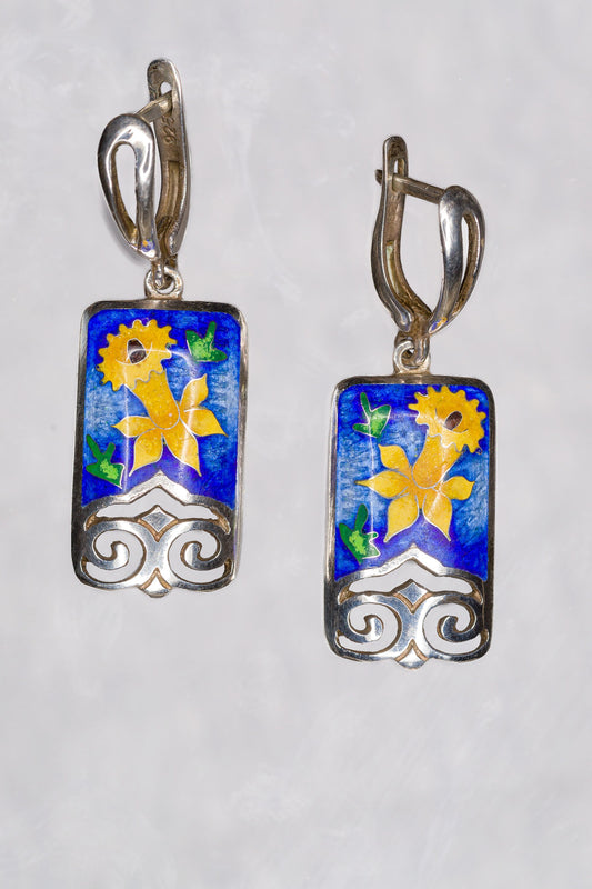 Singing Narcissus - Silver Handmade Earrings with Cloisonné Enamel