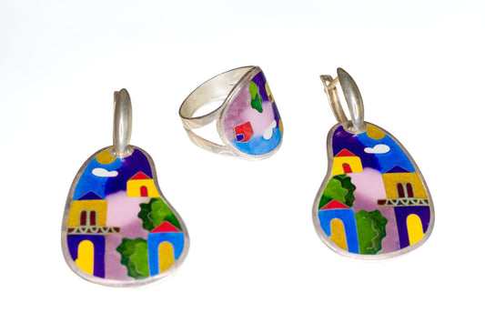 City in the Sky Set - Handmade Silver Ring and Earrings with Cloisonné Enamel