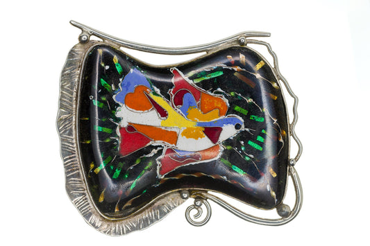 Magician's Bird - Massive Handmade Silver Pendant-Brooch with Cloisonné Enamel