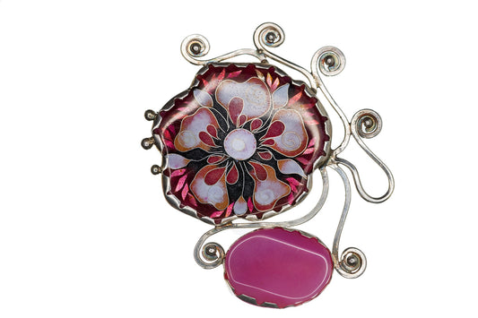 Enigmatic Pink - Massive Handmade Silver Pendant-Brooch with Cloisonné Enamel and Natural Agate