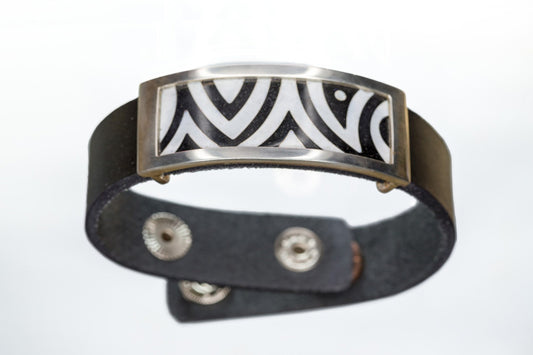 Black and White - Handmade Silver Bracelet with Cloisonné Enamel and Leather Band