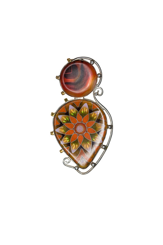 Golden Flower - Handmade Silver Pendant with Cloisonné Enamel and Natural Agate