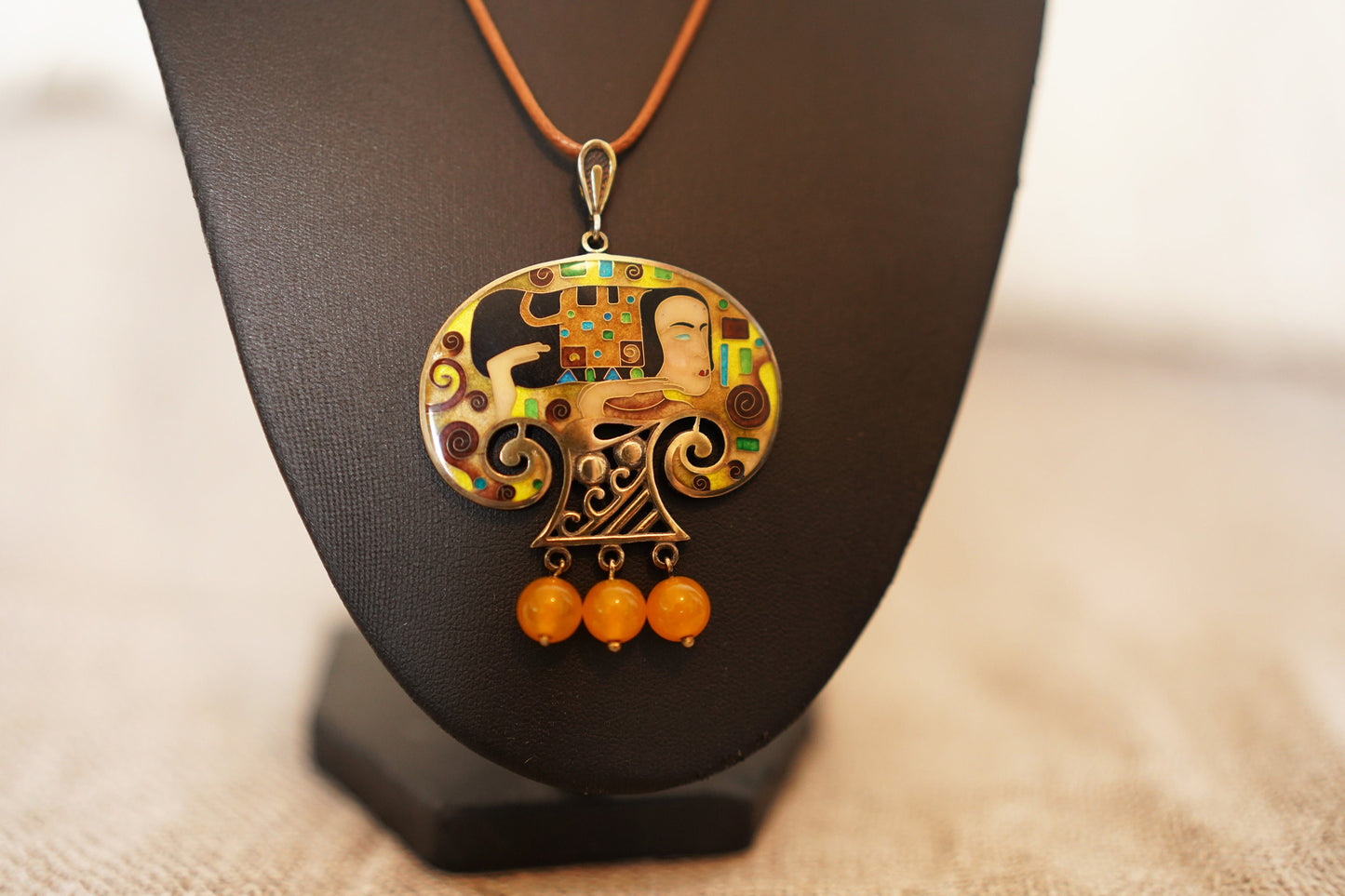 Princess - Handmade Silver Pendant with Cloisonné Enamel and Natural Amber Beads Inspired by Gustav Klimt's Art