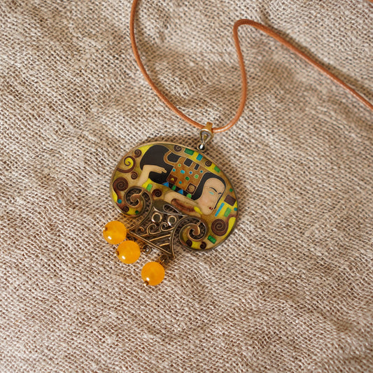 Princess - Handmade Silver Pendant with Cloisonné Enamel and Natural Amber Beads Inspired by Gustav Klimt's Art