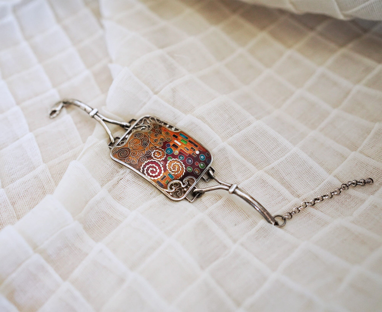 Klimt's world - Handmade Silver Bracelet with Cloisonné Enamel Inspired by Gustav Klimt's Art