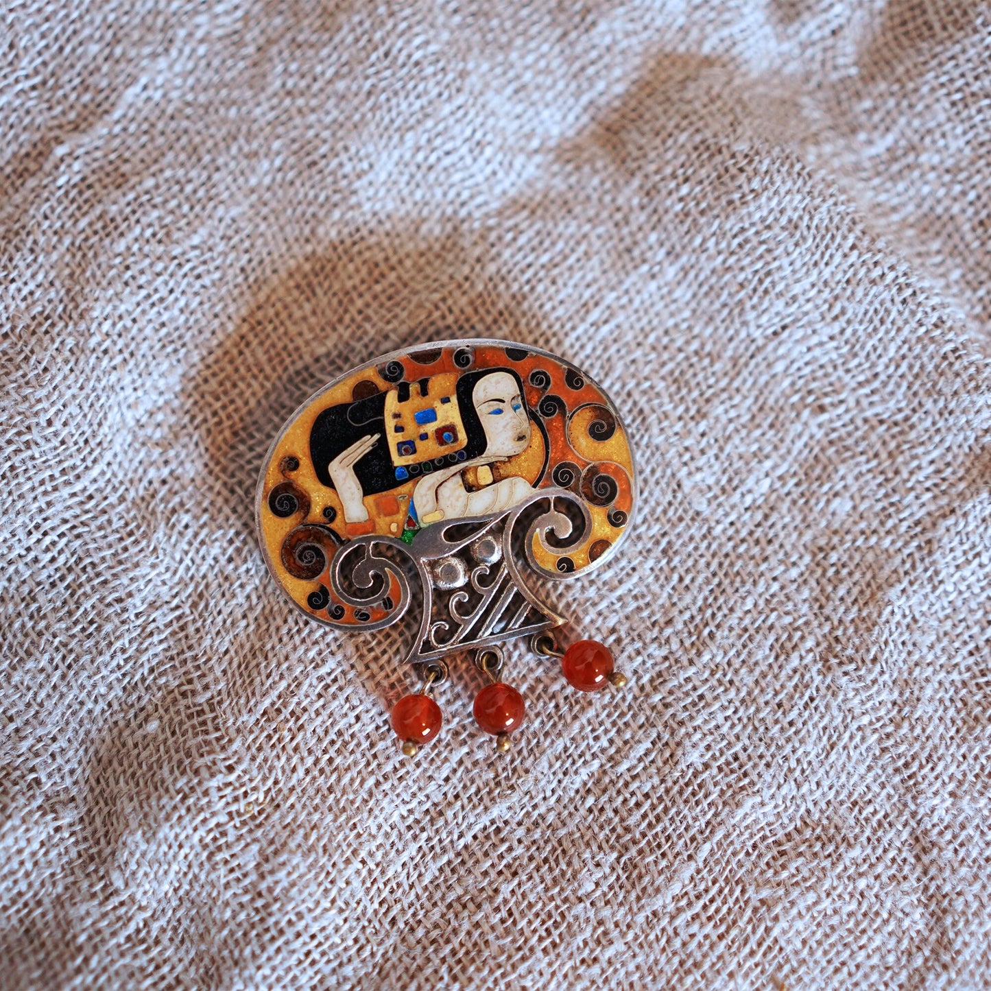Princess - Handmade Silver Pendant-Brooch with Cloisonné Enamel and Natural Red Amber Beads Inspired by Gustav Klimt's Art