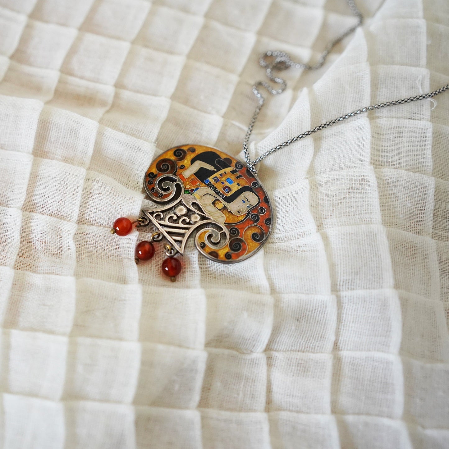 Princess - Handmade Silver Pendant-Brooch with Cloisonné Enamel and Natural Red Amber Beads Inspired by Gustav Klimt's Art