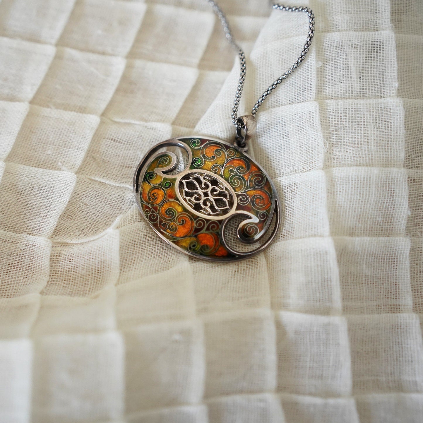 Silver Oval Pendant with Cloisonne Enamel Inspired by Gustav Klimt