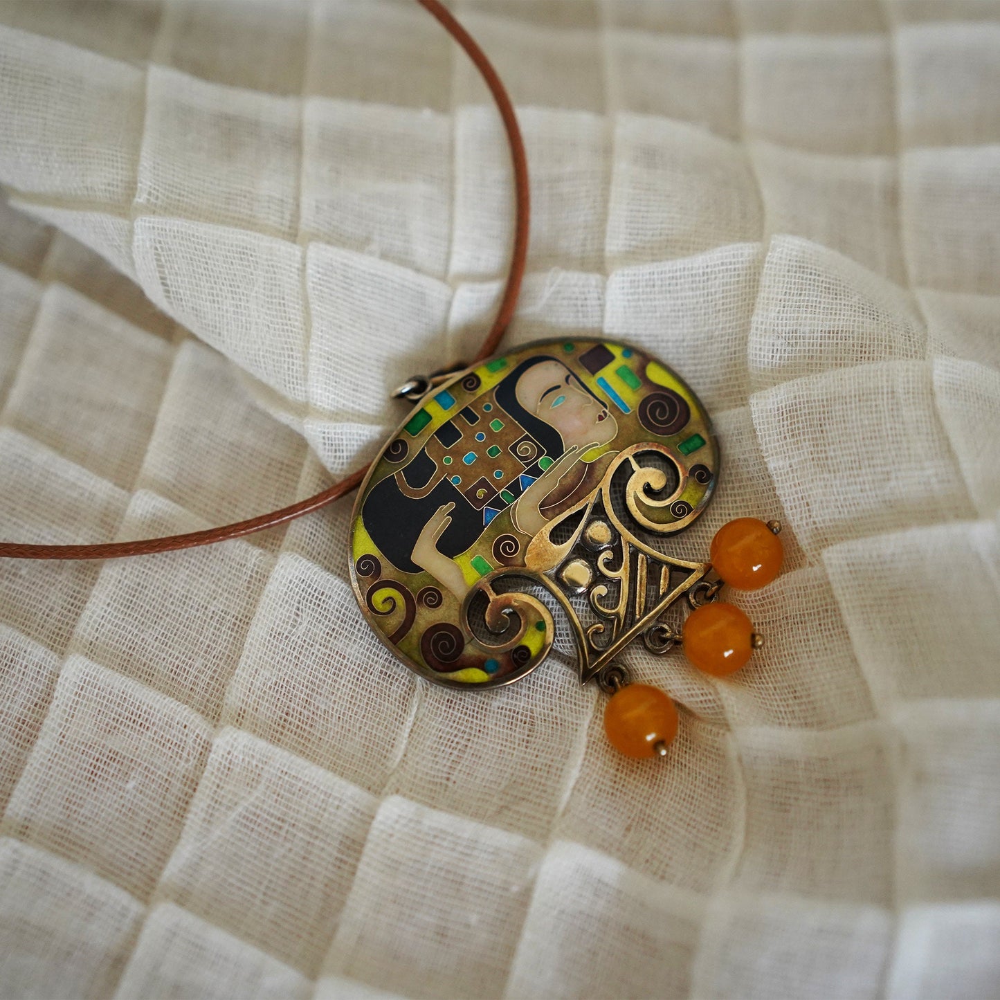 Princess - Handmade Silver Pendant with Cloisonné Enamel and Natural Amber Beads Inspired by Gustav Klimt's Art