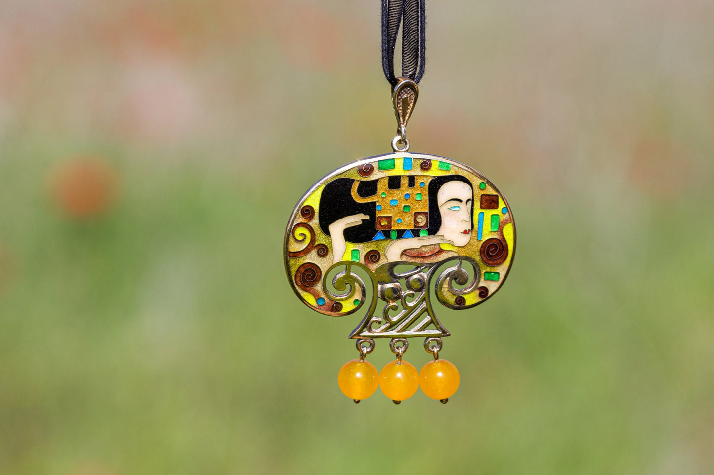 Princess - Handmade Silver Pendant with Cloisonné Enamel and Natural Amber Beads Inspired by Gustav Klimt's Art